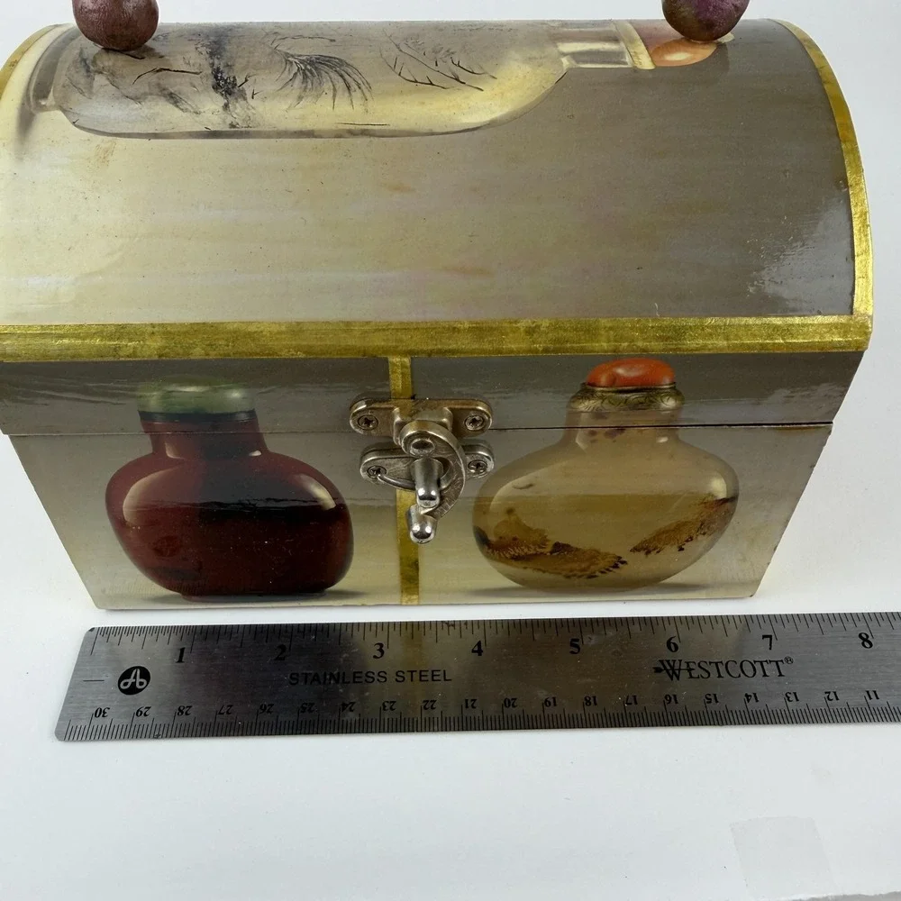 Beaded Handle Wooden‎ Jewelry Trinket Box Asian Snuff Bottle Print Hinged Latch